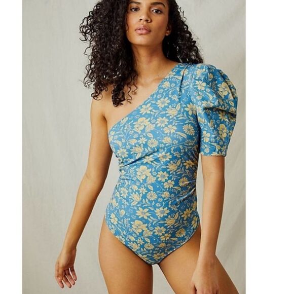 Free People Somethin Bout You Cornflower Floral Combo Bodysuit Women’s Medium - Picture 1 of 6
